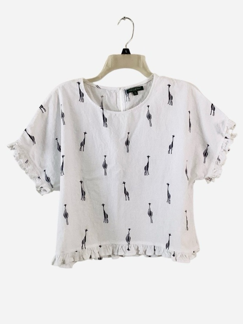 For Cynthia Linen Blouse with Playful Giraffe Print and Delicate Ruffles Large P